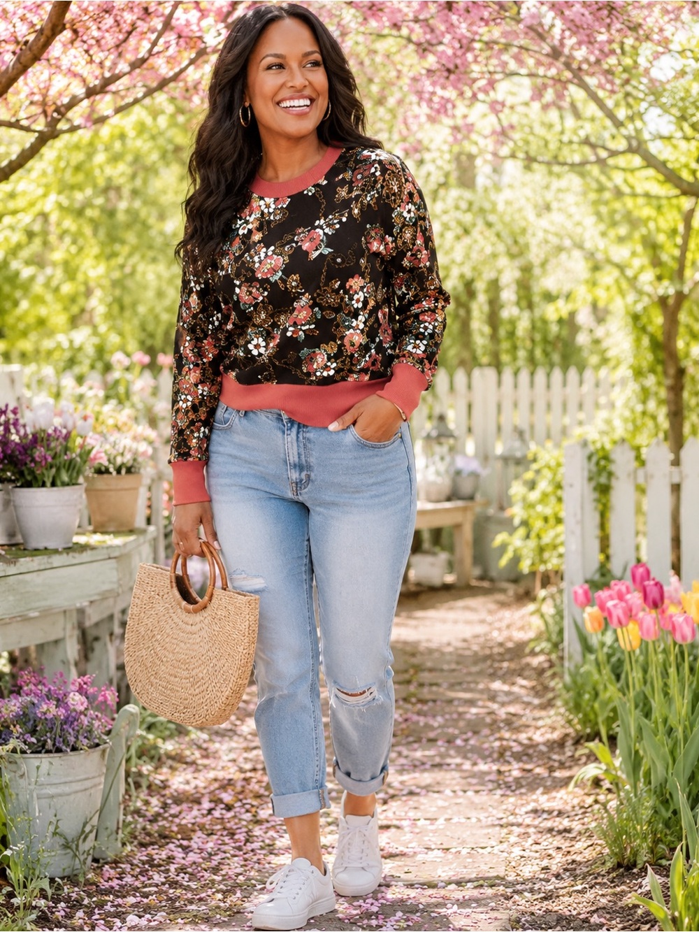 Laila Ali Large Floral Cropped Sweatshirt Black Coral New With Tags